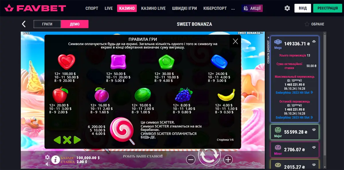 Таблиця символів Sweet Bonanza Таблиця символів гри Sweet Bonanza з детальним описом вартості виграшних комбінацій для кожного символу, від сердець до фруктів і цукерок.